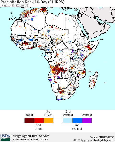Africa Precipitation Rank 10-Day (CHIRPS) Thematic Map For 5/11/2021 - 5/20/2021