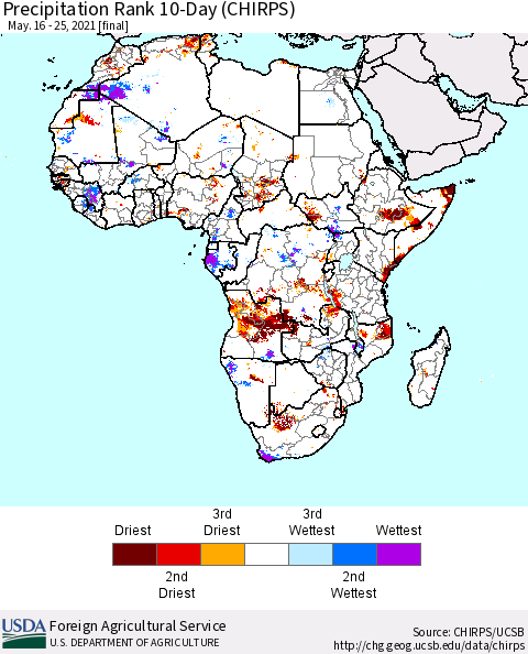 Africa Precipitation Rank 10-Day (CHIRPS) Thematic Map For 5/16/2021 - 5/25/2021