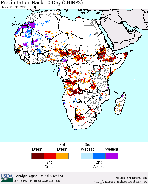 Africa Precipitation Rank 10-Day (CHIRPS) Thematic Map For 5/21/2021 - 5/31/2021