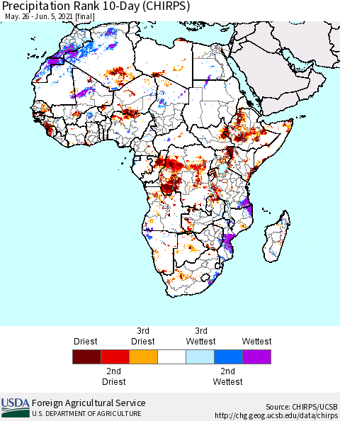 Africa Precipitation Rank since 1981, 10-Day (CHIRPS) Thematic Map For 5/26/2021 - 6/5/2021