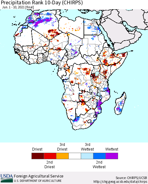 Africa Precipitation Rank 10-Day (CHIRPS) Thematic Map For 6/1/2021 - 6/10/2021