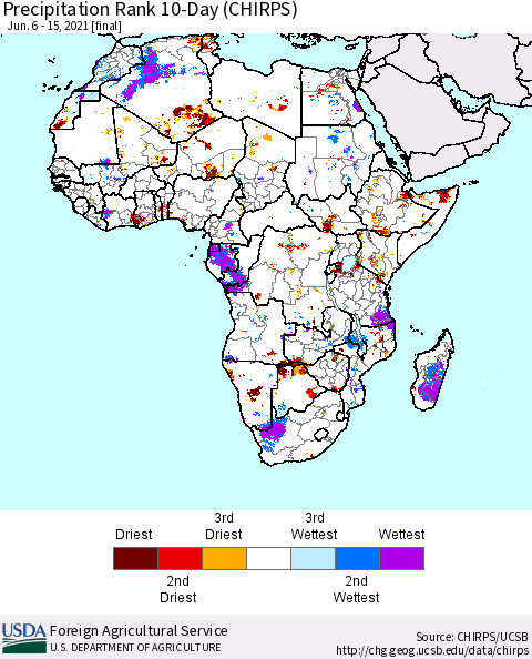 Africa Precipitation Rank 10-Day (CHIRPS) Thematic Map For 6/6/2021 - 6/15/2021