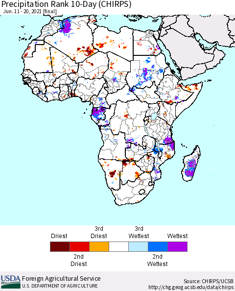 Africa Precipitation Rank 10-Day (CHIRPS) Thematic Map For 6/11/2021 - 6/20/2021