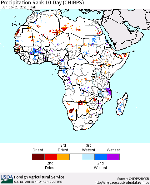 Africa Precipitation Rank since 1981, 10-Day (CHIRPS) Thematic Map For 6/16/2021 - 6/25/2021