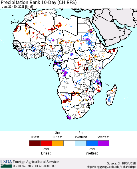 Africa Precipitation Rank since 1981, 10-Day (CHIRPS) Thematic Map For 6/21/2021 - 6/30/2021