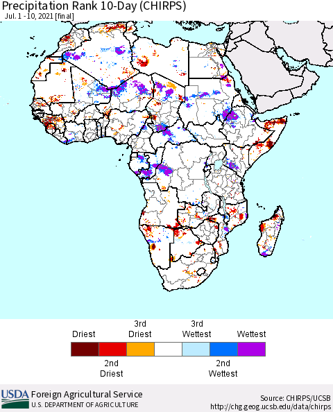 Africa Precipitation Rank since 1981, 10-Day (CHIRPS) Thematic Map For 7/1/2021 - 7/10/2021