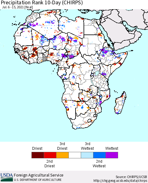 Africa Precipitation Rank 10-Day (CHIRPS) Thematic Map For 7/6/2021 - 7/15/2021
