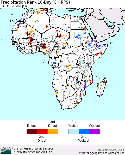 Africa Precipitation Rank 10-Day (CHIRPS) Thematic Map For 7/11/2021 - 7/20/2021