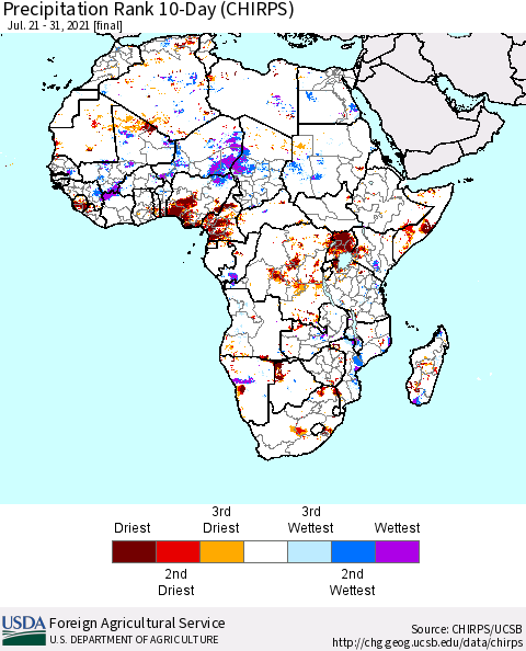 Africa Precipitation Rank 10-Day (CHIRPS) Thematic Map For 7/21/2021 - 7/31/2021