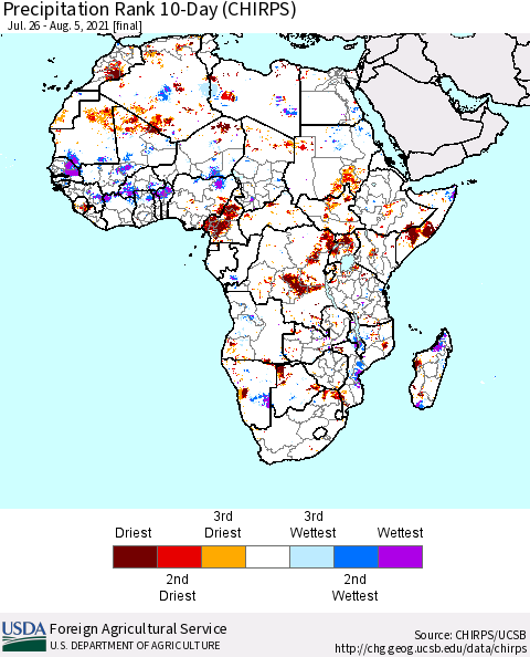 Africa Precipitation Rank 10-Day (CHIRPS) Thematic Map For 7/26/2021 - 8/5/2021