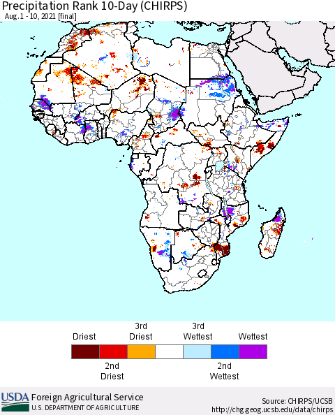 Africa Precipitation Rank 10-Day (CHIRPS) Thematic Map For 8/1/2021 - 8/10/2021
