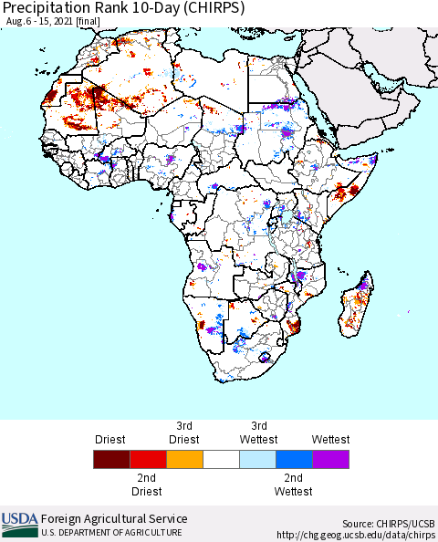 Africa Precipitation Rank since 1981, 10-Day (CHIRPS) Thematic Map For 8/6/2021 - 8/15/2021