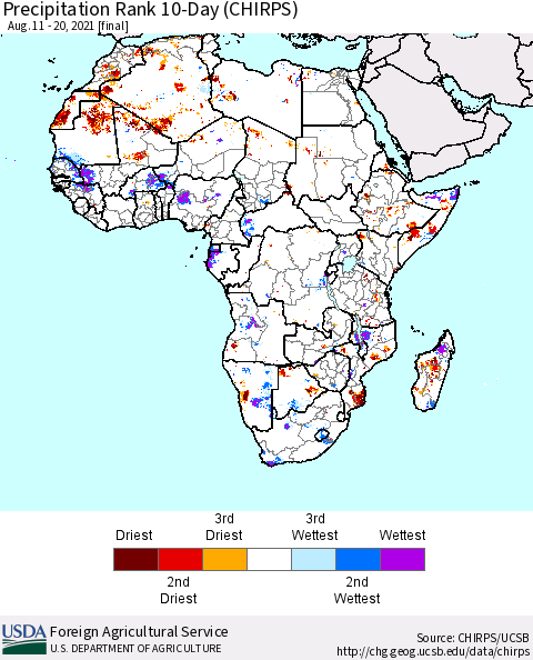 Africa Precipitation Rank 10-Day (CHIRPS) Thematic Map For 8/11/2021 - 8/20/2021
