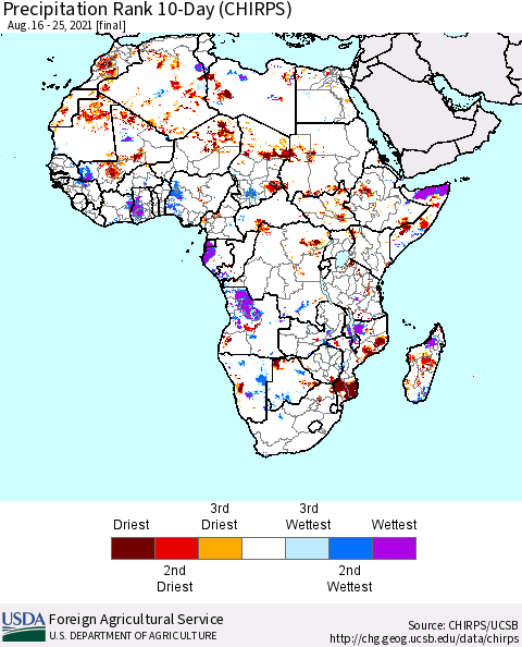 Africa Precipitation Rank 10-Day (CHIRPS) Thematic Map For 8/16/2021 - 8/25/2021