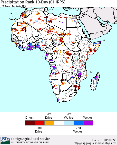 Africa Precipitation Rank since 1981, 10-Day (CHIRPS) Thematic Map For 8/21/2021 - 8/31/2021