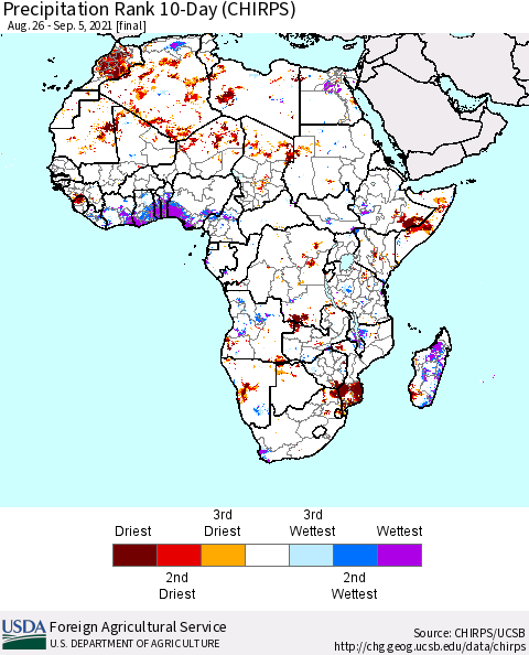 Africa Precipitation Rank since 1981, 10-Day (CHIRPS) Thematic Map For 8/26/2021 - 9/5/2021