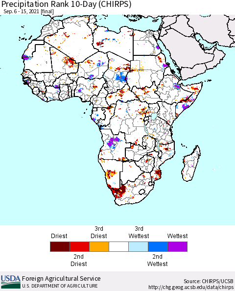 Africa Precipitation Rank 10-Day (CHIRPS) Thematic Map For 9/6/2021 - 9/15/2021