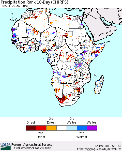Africa Precipitation Rank 10-Day (CHIRPS) Thematic Map For 9/11/2021 - 9/20/2021