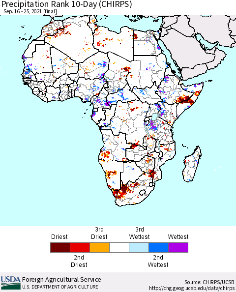 Africa Precipitation Rank 10-Day (CHIRPS) Thematic Map For 9/16/2021 - 9/25/2021