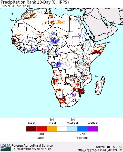 Africa Precipitation Rank 10-Day (CHIRPS) Thematic Map For 9/21/2021 - 9/30/2021