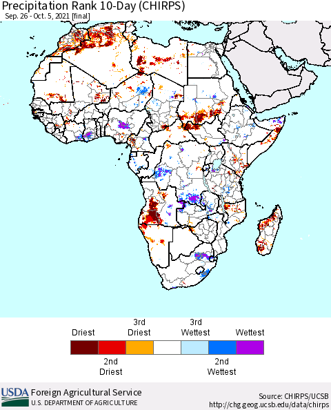 Africa Precipitation Rank 10-Day (CHIRPS) Thematic Map For 9/26/2021 - 10/5/2021