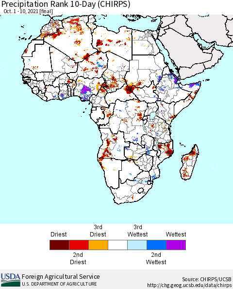Africa Precipitation Rank 10-Day (CHIRPS) Thematic Map For 10/1/2021 - 10/10/2021