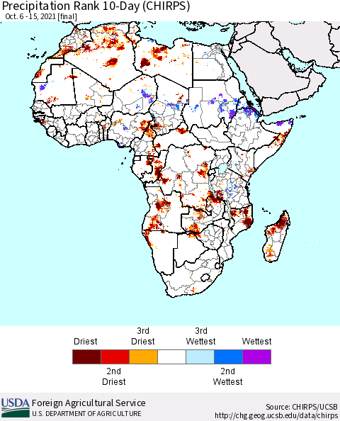 Africa Precipitation Rank since 1981, 10-Day (CHIRPS) Thematic Map For 10/6/2021 - 10/15/2021