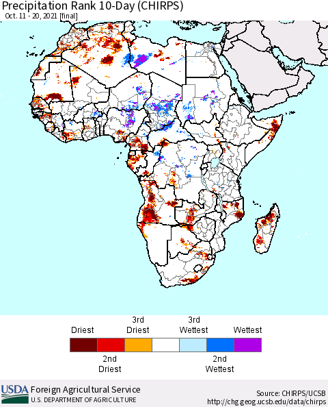 Africa Precipitation Rank since 1981, 10-Day (CHIRPS) Thematic Map For 10/11/2021 - 10/20/2021