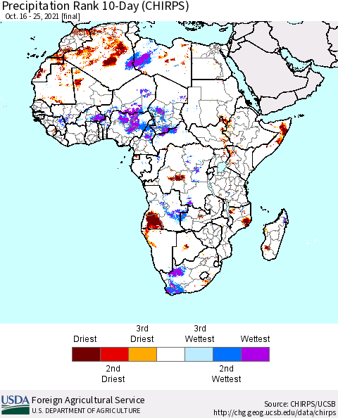 Africa Precipitation Rank since 1981, 10-Day (CHIRPS) Thematic Map For 10/16/2021 - 10/25/2021