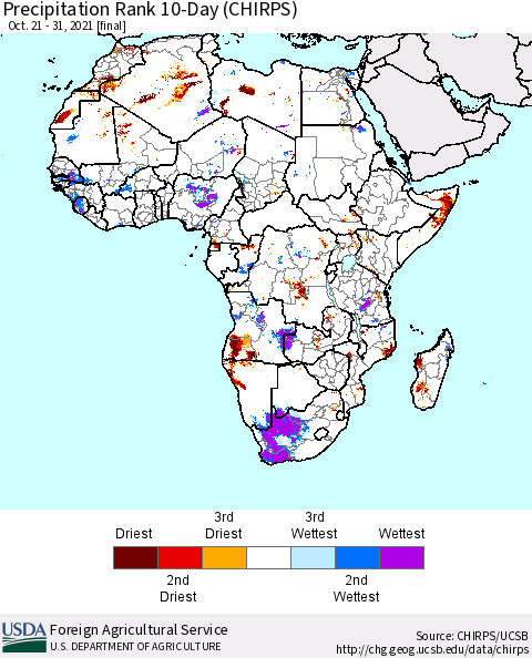 Africa Precipitation Rank since 1981, 10-Day (CHIRPS) Thematic Map For 10/21/2021 - 10/31/2021