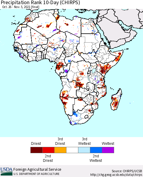 Africa Precipitation Rank 10-Day (CHIRPS) Thematic Map For 10/26/2021 - 11/5/2021