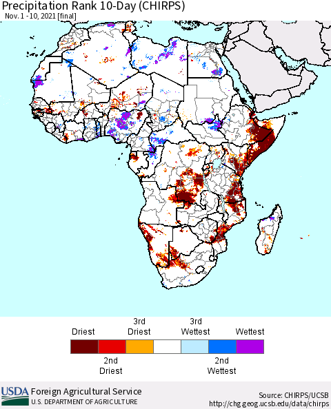 Africa Precipitation Rank since 1981, 10-Day (CHIRPS) Thematic Map For 11/1/2021 - 11/10/2021
