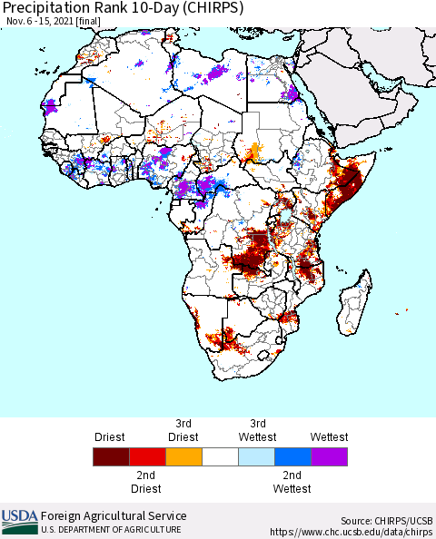 Africa Precipitation Rank 10-Day (CHIRPS) Thematic Map For 11/6/2021 - 11/15/2021