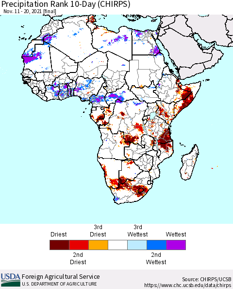 Africa Precipitation Rank 10-Day (CHIRPS) Thematic Map For 11/11/2021 - 11/20/2021