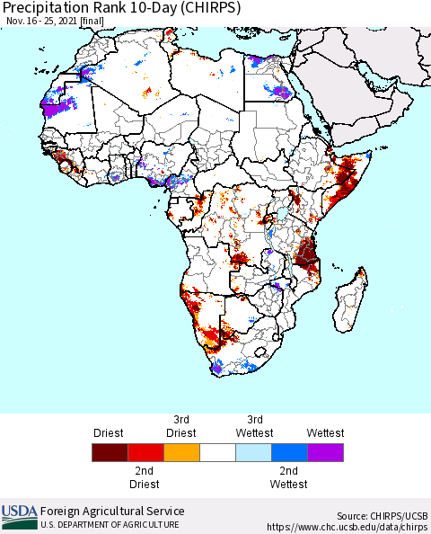Africa Precipitation Rank 10-Day (CHIRPS) Thematic Map For 11/16/2021 - 11/25/2021