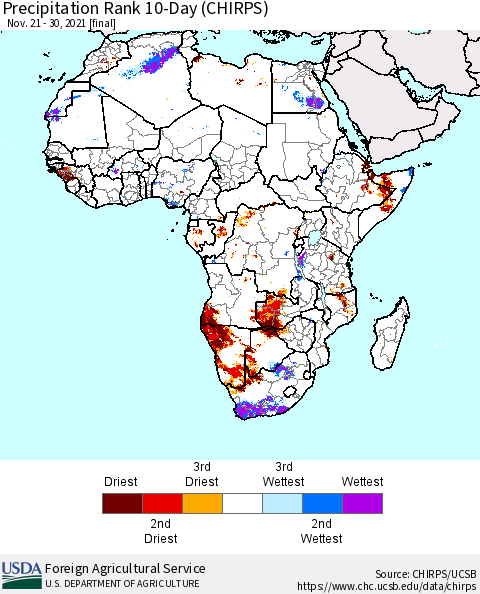 Africa Precipitation Rank since 1981, 10-Day (CHIRPS) Thematic Map For 11/21/2021 - 11/30/2021