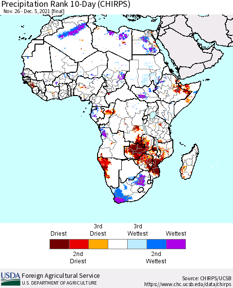 Africa Precipitation Rank 10-Day (CHIRPS) Thematic Map For 11/26/2021 - 12/5/2021