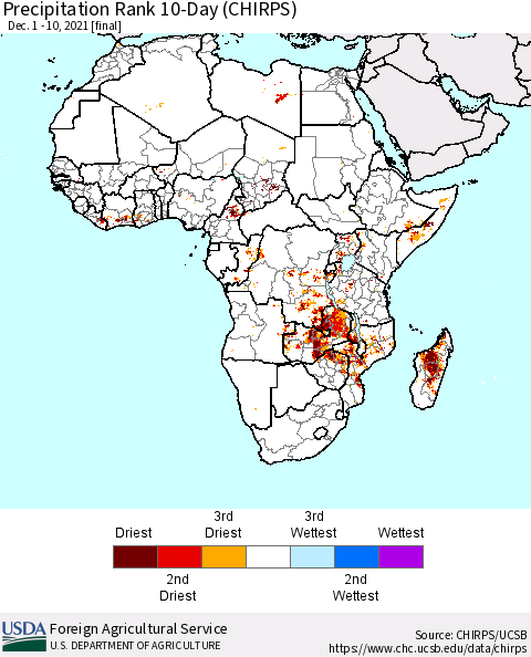 Africa Precipitation Rank 10-Day (CHIRPS) Thematic Map For 12/1/2021 - 12/10/2021