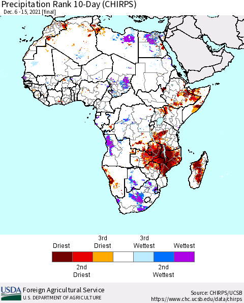 Africa Precipitation Rank 10-Day (CHIRPS) Thematic Map For 12/6/2021 - 12/15/2021