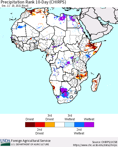 Africa Precipitation Rank since 1981, 10-Day (CHIRPS) Thematic Map For 12/11/2021 - 12/20/2021