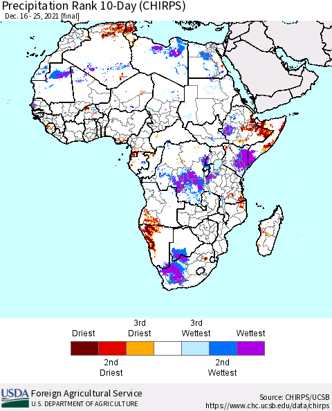 Africa Precipitation Rank 10-Day (CHIRPS) Thematic Map For 12/16/2021 - 12/25/2021