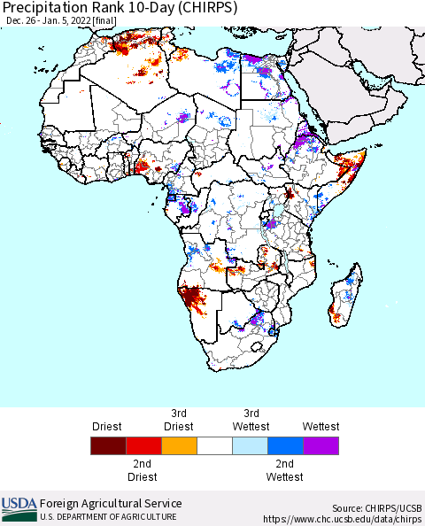 Africa Precipitation Rank 10-Day (CHIRPS) Thematic Map For 12/26/2021 - 1/5/2022