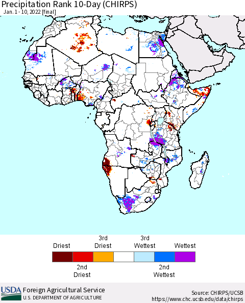 Africa Precipitation Rank 10-Day (CHIRPS) Thematic Map For 1/1/2022 - 1/10/2022