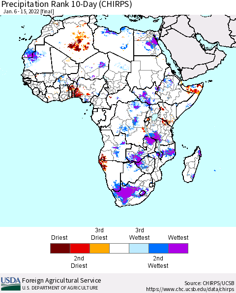 Africa Precipitation Rank since 1981, 10-Day (CHIRPS) Thematic Map For 1/6/2022 - 1/15/2022