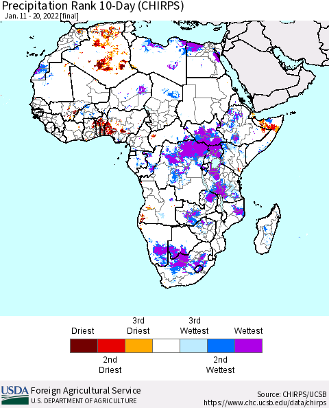 Africa Precipitation Rank 10-Day (CHIRPS) Thematic Map For 1/11/2022 - 1/20/2022