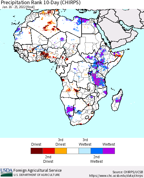 Africa Precipitation Rank 10-Day (CHIRPS) Thematic Map For 1/16/2022 - 1/25/2022