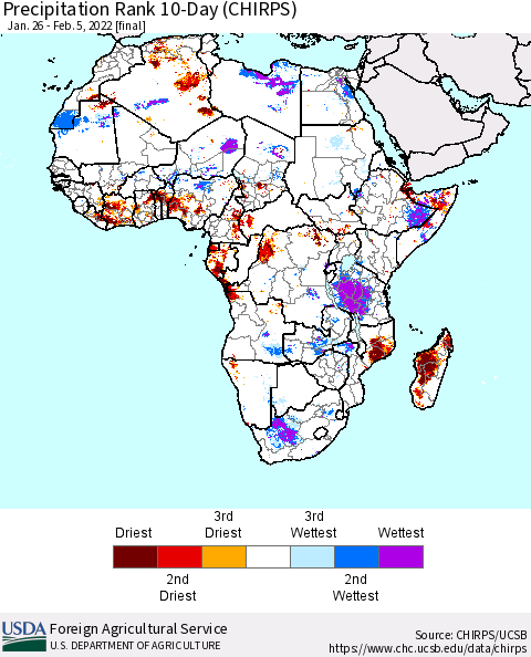 Africa Precipitation Rank since 1981, 10-Day (CHIRPS) Thematic Map For 1/26/2022 - 2/5/2022
