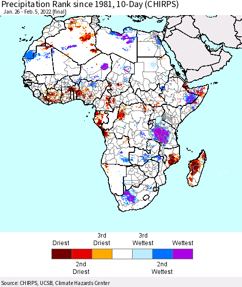 Africa Precipitation Rank since 1981, 10-Day (CHIRPS) Thematic Map For 1/26/2022 - 2/5/2022