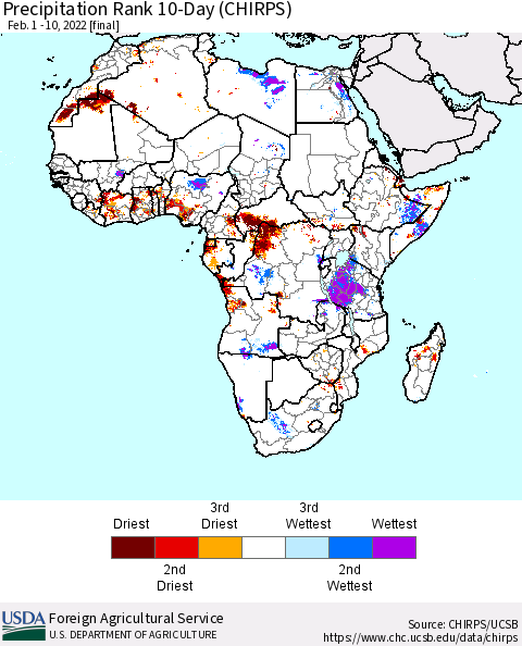 Africa Precipitation Rank 10-Day (CHIRPS) Thematic Map For 2/1/2022 - 2/10/2022
