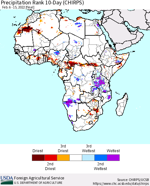 Africa Precipitation Rank 10-Day (CHIRPS) Thematic Map For 2/6/2022 - 2/15/2022